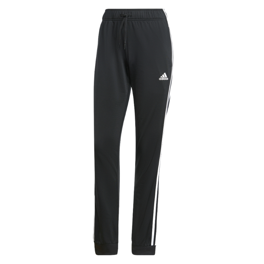 Black Adidas track pants with white side stripes and a logo on the left thigh. Features an elastic waistband with a drawstring.