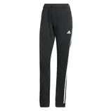 Black Adidas track pants with white side stripes and a logo on the left thigh. Features an elastic waistband with a drawstring.