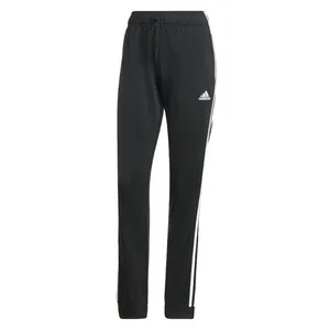 Black Adidas track pants with white side stripes and a logo on the left thigh. Features an elastic waistband with a drawstring.