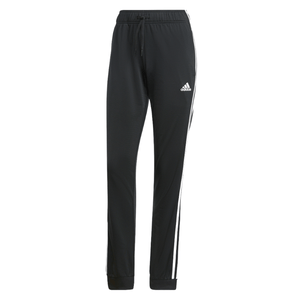 Black Adidas track pants with white side stripes and a logo on the left thigh. Features an elastic waistband with a drawstring.