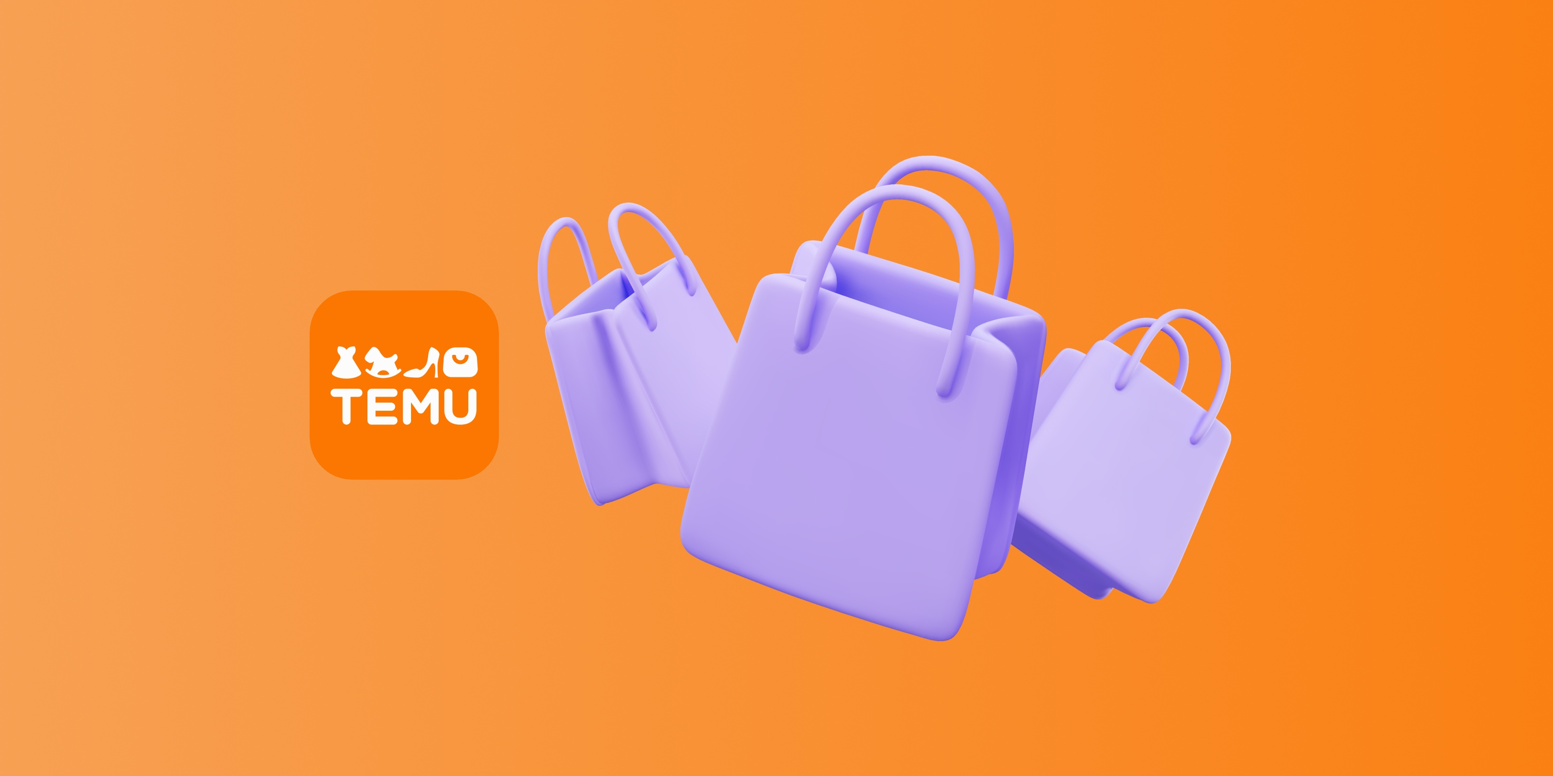 Three purple tote bags in ascending sizes on an orange background, associated with shopping tips from Temu.