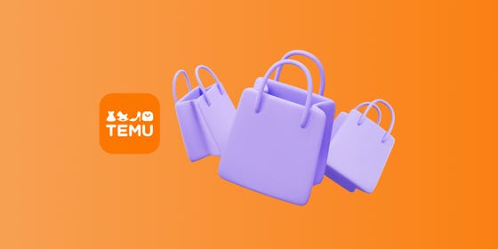 Three purple tote bags in ascending sizes on an orange background, associated with shopping tips from Temu.