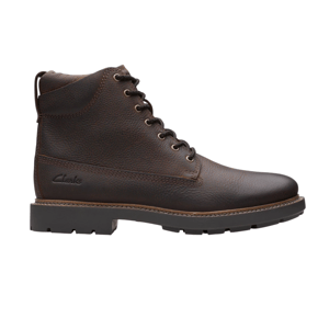 A dark brown leather Clarks ankle boot with a textured finish, lace-up front, and rugged sole designed for durability and comfort.