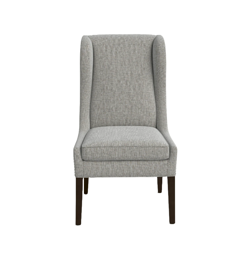 A high-back chair with gray upholstery and metal legs.