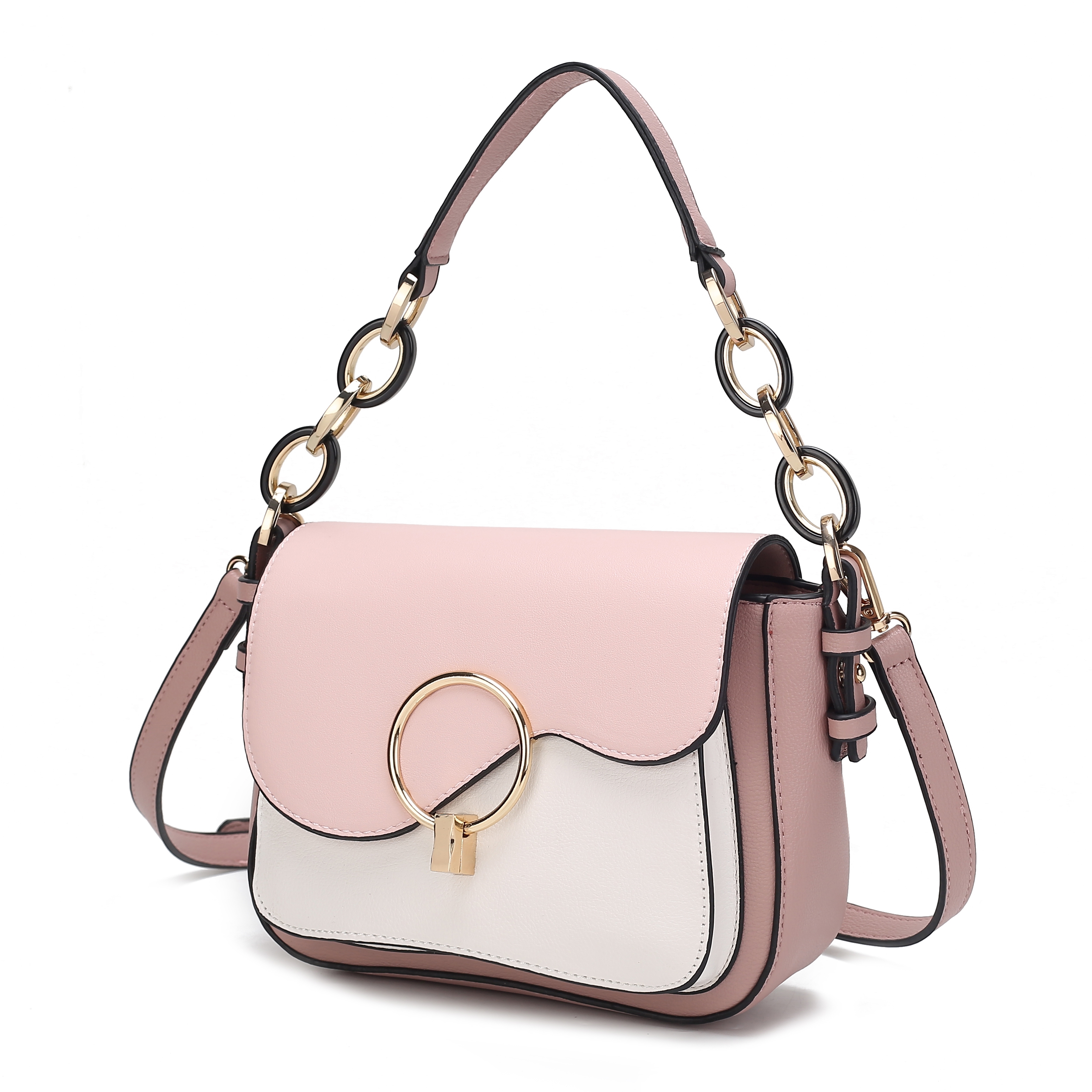 A stylish pink and white MKF shoulder bag featuring a gold ring accent on the front flap, chain-link straps, and adjustable side strap.
