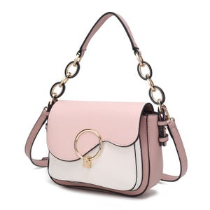 A stylish pink and white MKF shoulder bag featuring a gold ring accent on the front flap, chain-link straps, and adjustable side strap.