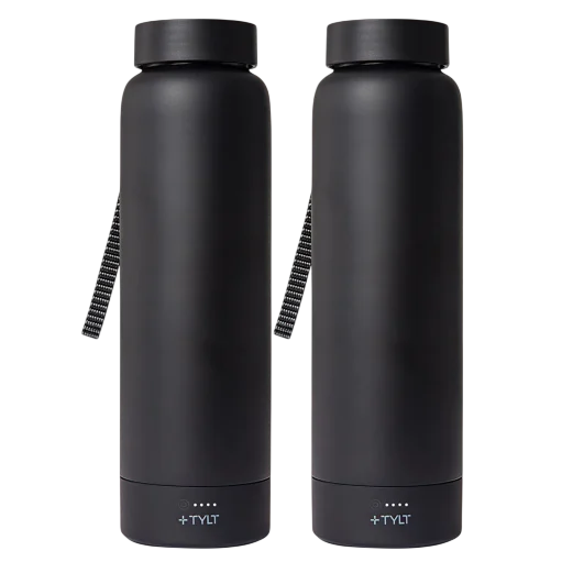 Two black water bottles with a strap and a base featuring a \“+\“ TYLT logo and charging indicators.