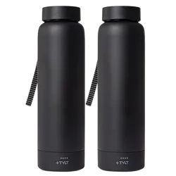 Two black water bottles with a strap and a base featuring a \“+\“ TYLT logo and charging indicators.