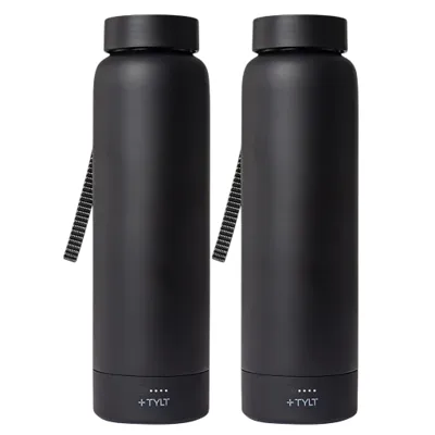 Two black water bottles with a strap and a base featuring a \“+\“ TYLT logo and charging indicators.