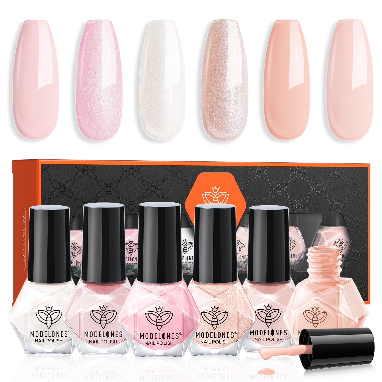 Modelones 6-piece gel nail polish set in neutral and pink shades includes tones such as pale pink, shimmering pink, pearly white, glittery nude, and soft peach, featuring diamond-shaped bottles.