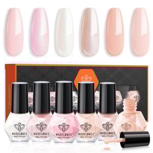 Modelones 6-piece gel nail polish set in neutral and pink shades includes tones such as pale pink, shimmering pink, pearly white, glittery nude, and soft peach, featuring diamond-shaped bottles.