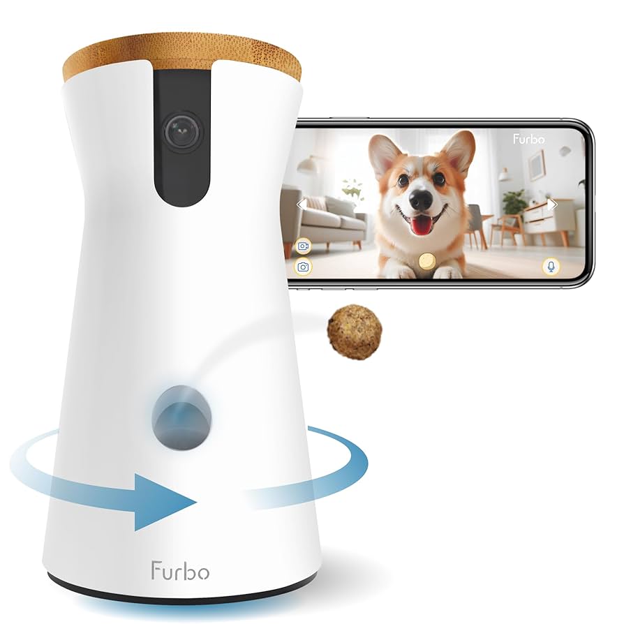 A Furbo dog camera with treat dispenser, shown alongside a smartphone displaying the app interface featuring a happy dog.