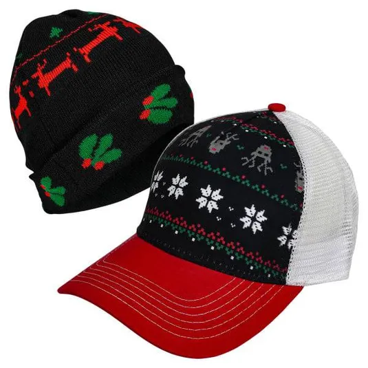 A set featuring a black knit beanie with red reindeer and green holly designs, and a black and white trucker cap with red stitching, decorated with a holiday-themed pattern of snowflakes and reindeer.