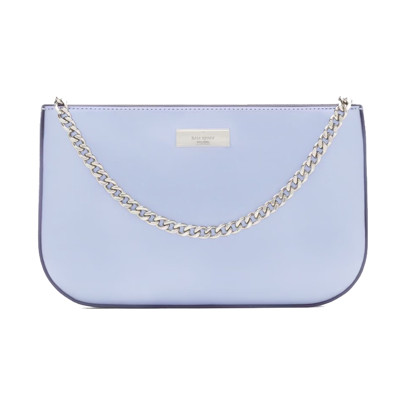 A light blue handbag featuring a silver chain strap and a metal logo plaque on the front.