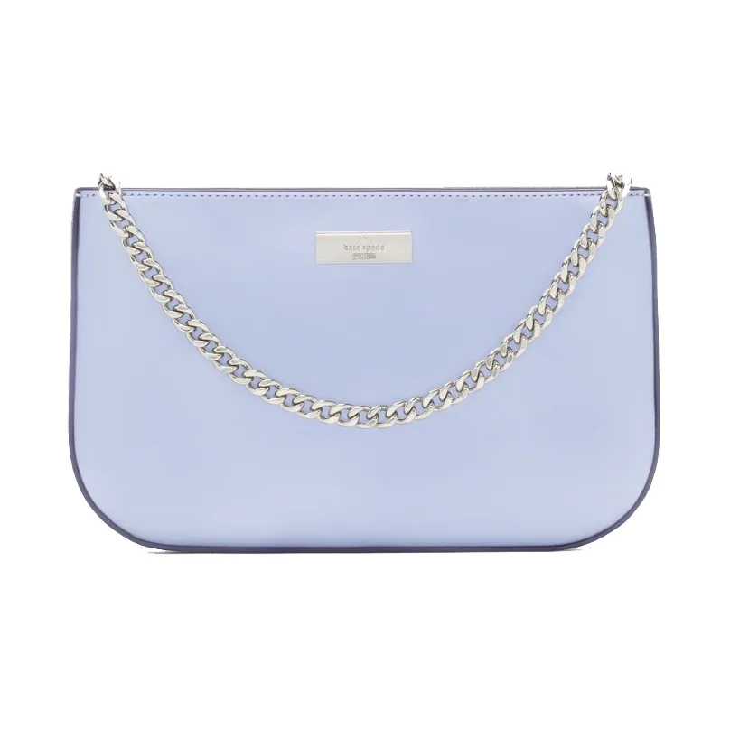 A light blue handbag featuring a silver chain strap and a metal logo plaque on the front.