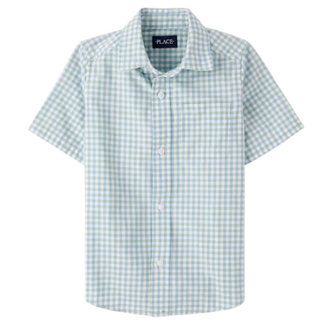 Light blue and white checkered short-sleeve button-up shirt with a pocket on the left chest.