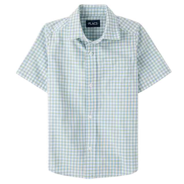 Light blue and white checkered short-sleeve button-up shirt with a pocket on the left chest.
