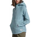 Light blue hooded pullover fleece with a half-zip front and hand pockets, featuring a small North Face logo near the pocket. Worn with olive green pants.