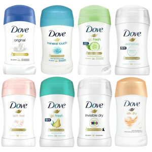 Various Dove antiperspirant sticks in different scents and formulations: original, mineral touch, go fresh with cucumber or pear, sensitive, soft feel, invisible dry, and silk dry, all featuring moisturizing cream and 48-hour protection.