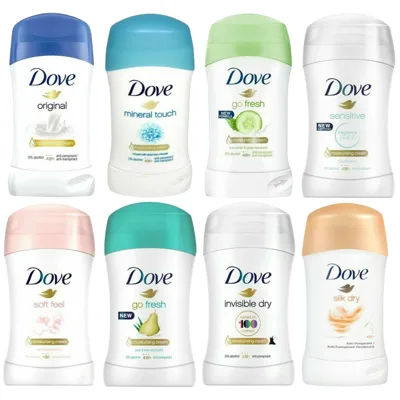 Various Dove antiperspirant sticks in different scents and formulations: original, mineral touch, go fresh with cucumber or pear, sensitive, soft feel, invisible dry, and silk dry, all featuring moisturizing cream and 48-hour protection.