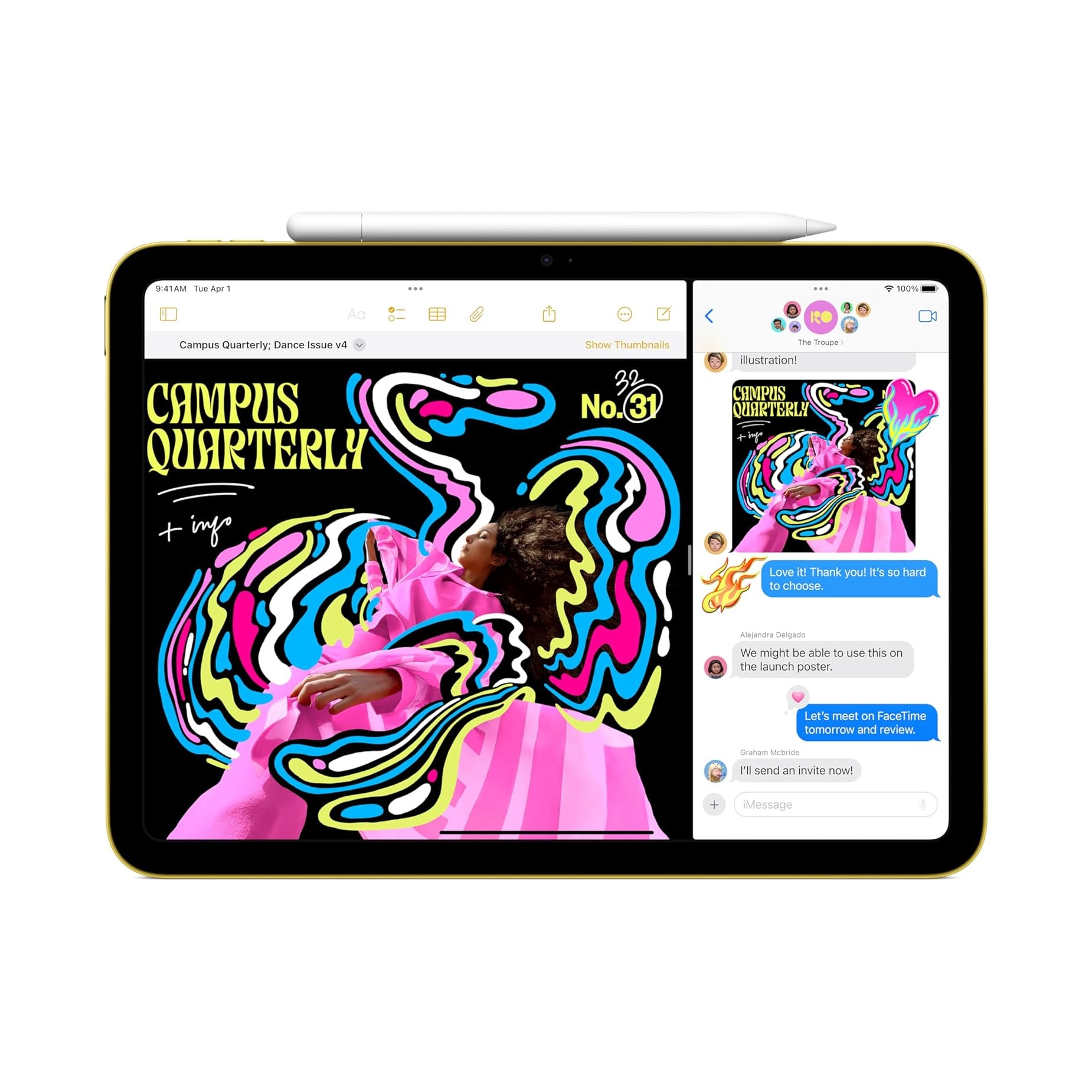 A tablet featuring a colorful digital illustration and text conversation, accompanied by a stylus resting on top, showcasing its artistic and communication functionality.