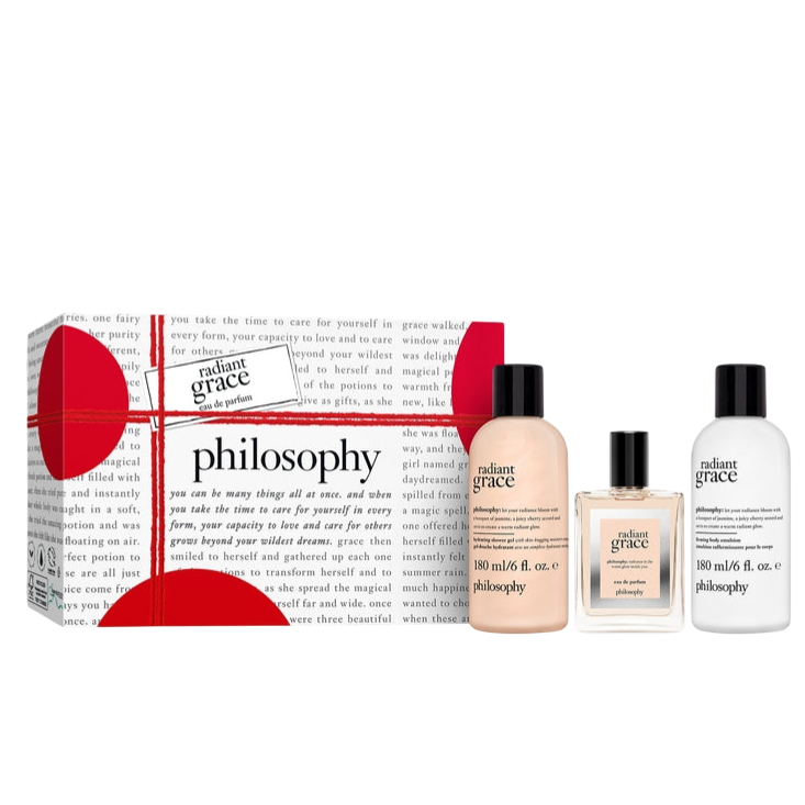 Philosophy gift set includes Radiant Grace eau de parfum, shower gel, and lotion. Packaging features a minimalist design with text and red accents.