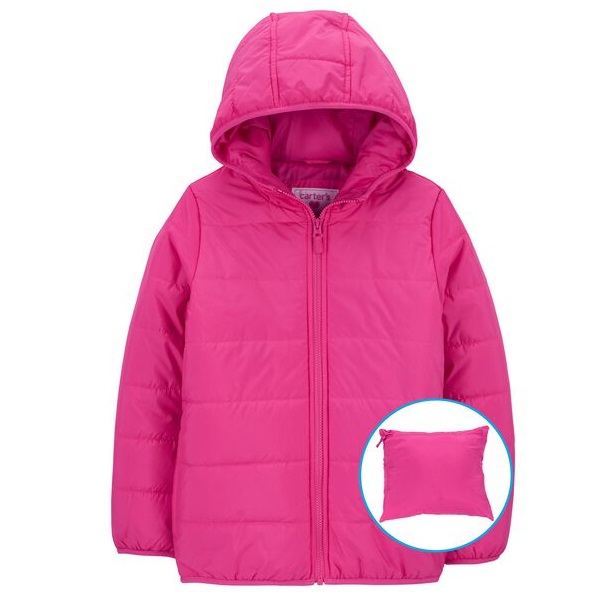 A bright pink, hooded puffer jacket with a zippered front and cuffed sleeves; highlighted is its ability to be compactly folded into a pouch.