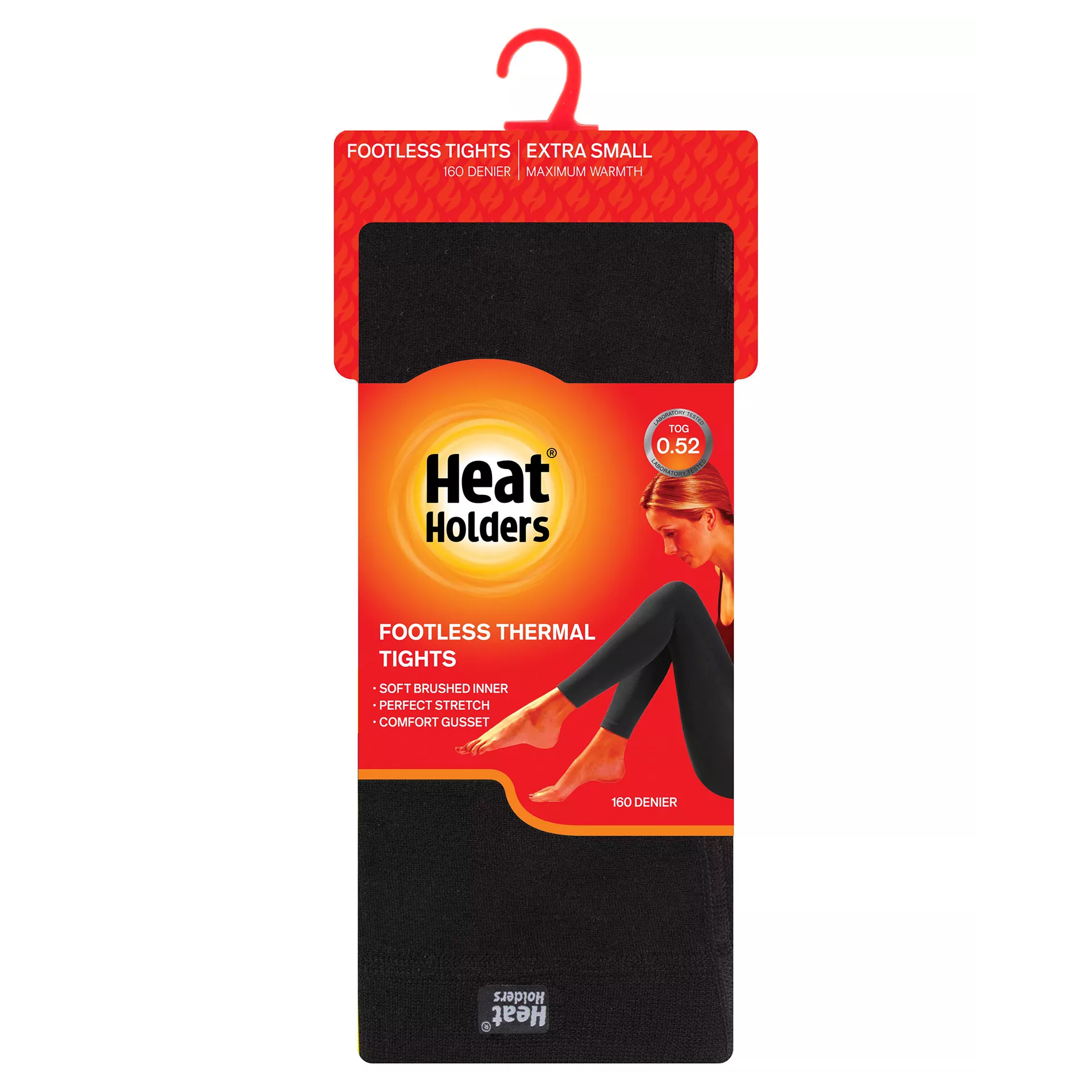 Heat Holders footless thermal tights, extra small size, 160 denier, featuring a soft brushed inner, perfect stretch, and comfort gusset, with a TOG rating of 0.52 for maximum warmth.