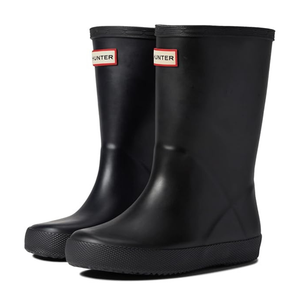 Black rubber rain boots with a textured sole and a logo label on the front near the top.