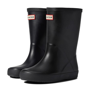 Black rubber rain boots with a textured sole and a logo label on the front near the top.