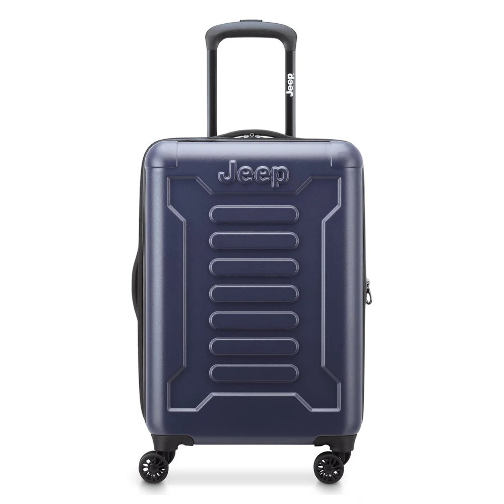 A navy blue hard-shell suitcase with four spinner wheels, featuring a Jeep logo and an extendable handle.