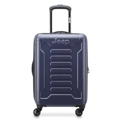 A navy blue hard-shell suitcase with four spinner wheels, featuring a Jeep logo and an extendable handle.