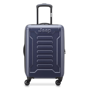 A navy blue hard-shell suitcase with four spinner wheels, featuring a Jeep logo and an extendable handle.
