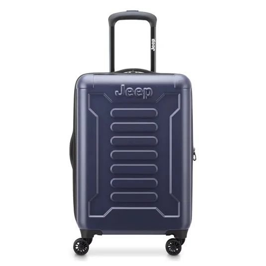A navy blue hard-shell suitcase with four spinner wheels, featuring a Jeep logo and an extendable handle.