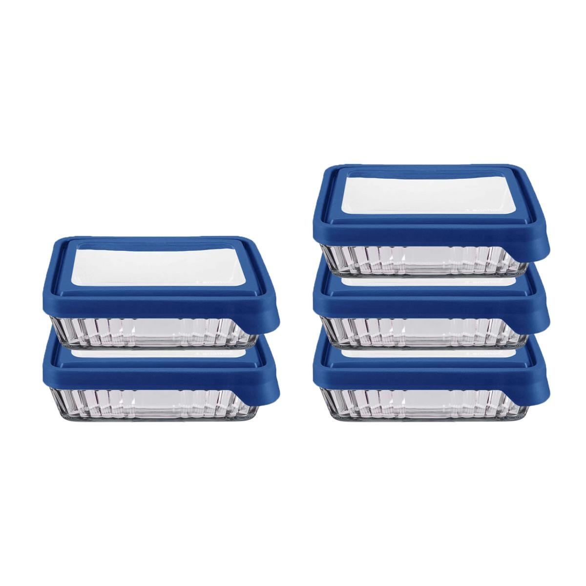 A 10-piece Anchor Hocking glass storage set includes stackable rectangular containers with clear glass and blue lids, ideal for food storage and organization.