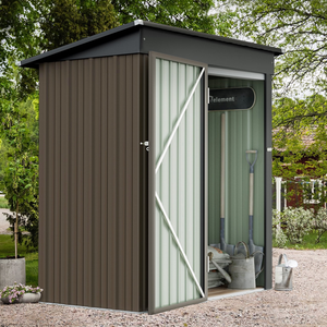 Metal outdoor storage shed with open doors, gardening tools, and a watering can inside.