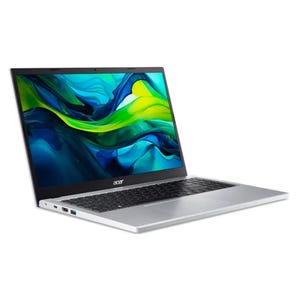 Acer Aspire Go 15 laptop with a sleek silver design, featuring a vibrant display, a full-size keyboard, and multiple ports on the side for connectivity.