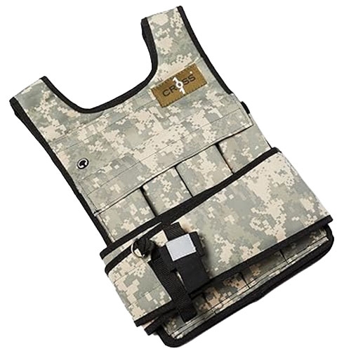 A camouflage weighted vest designed for fitness training, featuring adjustable weights and a secure strap system.