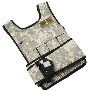 A camouflage weighted vest designed for fitness training, featuring adjustable weights and a secure strap system.