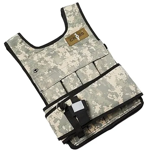 A camouflage weighted vest designed for fitness training, featuring adjustable weights and a secure strap system.