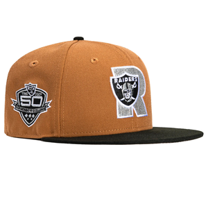 Brown Raiders cap with black brim featuring the team logo and a \“50th Anniversary\“ patch.