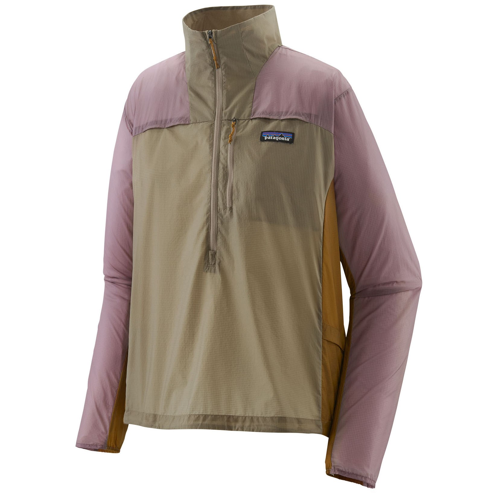 The Patagonia Houdini Stash Jacket is a lightweight, packable windbreaker featuring a half-zip front, stand-up collar, and color-block design with beige and mauve tones.