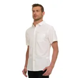 A man is wearing a short-sleeve white button-up shirt with a front pocket.