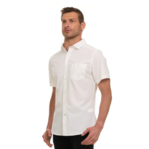 A man is wearing a short-sleeve white button-up shirt with a front pocket.