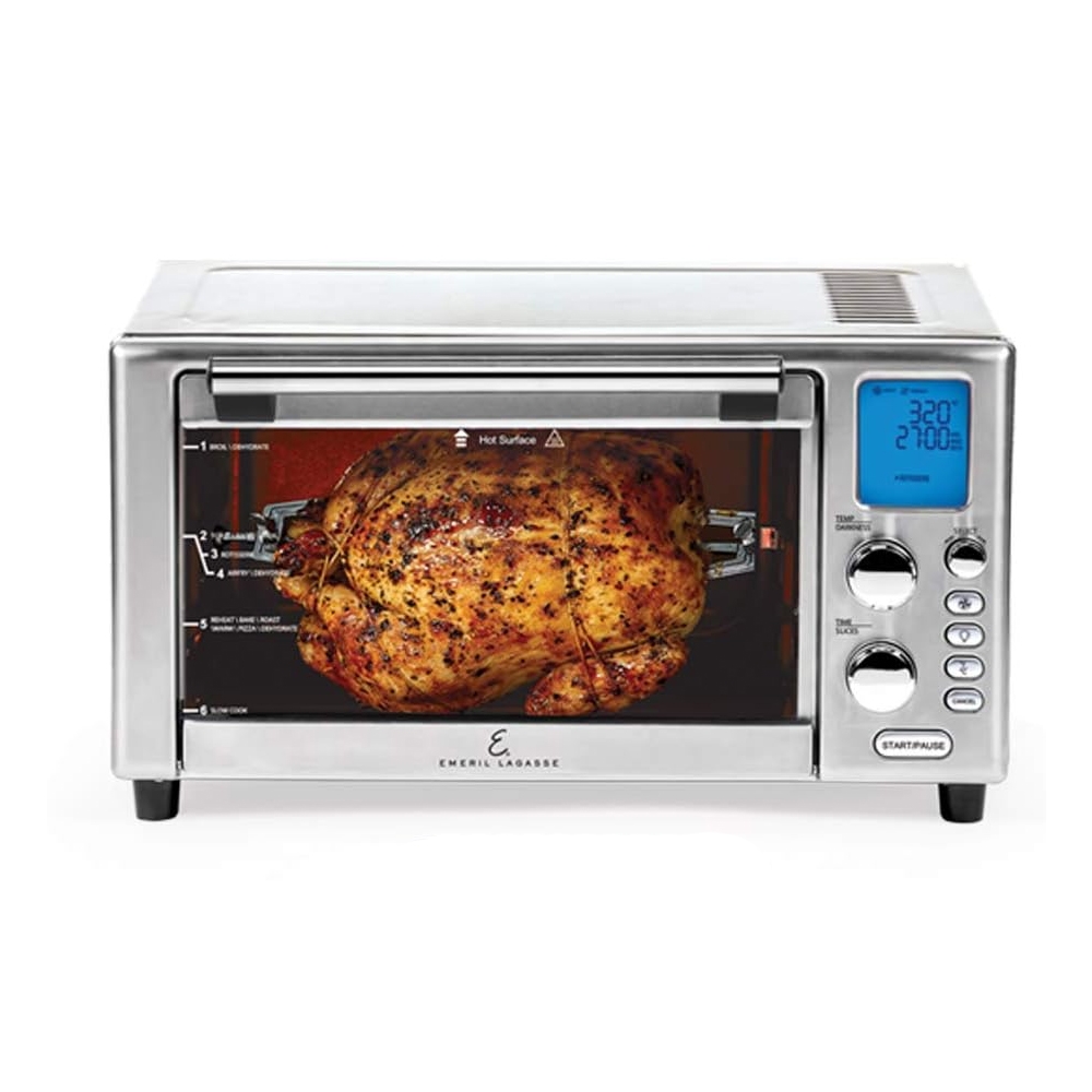 Emeril Lagasse Air Fryer Oven is a multifunctional countertop appliance with a digital display, control knobs, and rotisserie function, allowing for various cooking methods like air frying and roasting.
