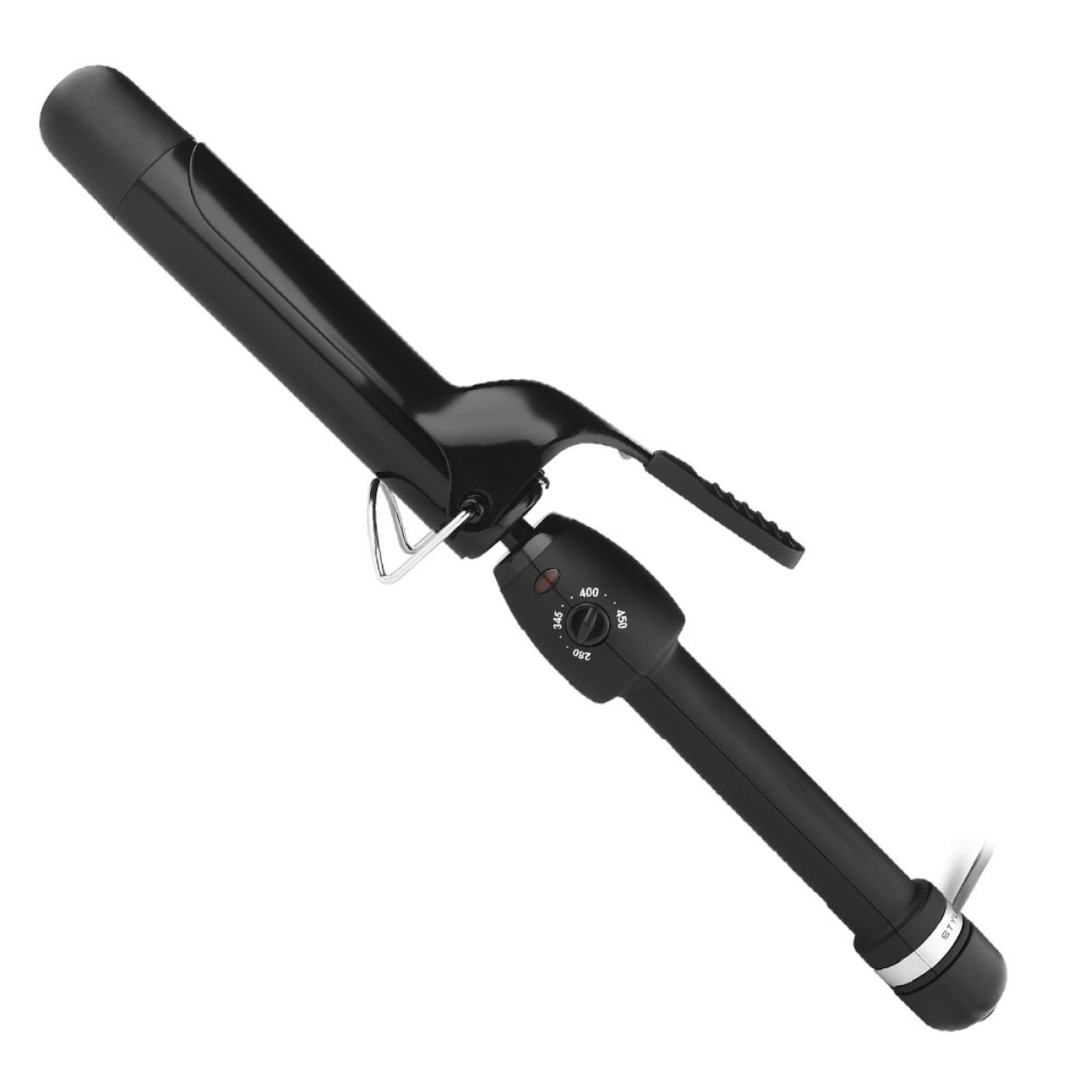 Black curling iron with adjustable temperature settings, featuring a clip for holding hair, swivel cord, and a compact barrel design.