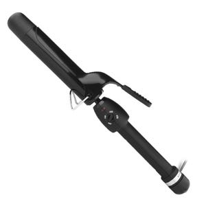 Black curling iron with adjustable temperature settings, featuring a clip for holding hair, swivel cord, and a compact barrel design.