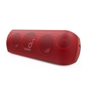 Red Soundcore Motion+ Bluetooth speaker with a sleek design, featuring a front-facing mesh grill and branding, suitable for dynamic audio output.