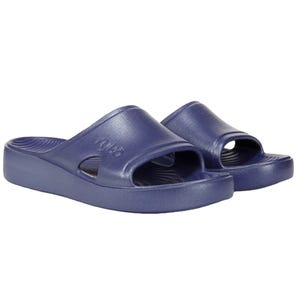 Blue slip-on sandals with a textured footbed and open-toe design.