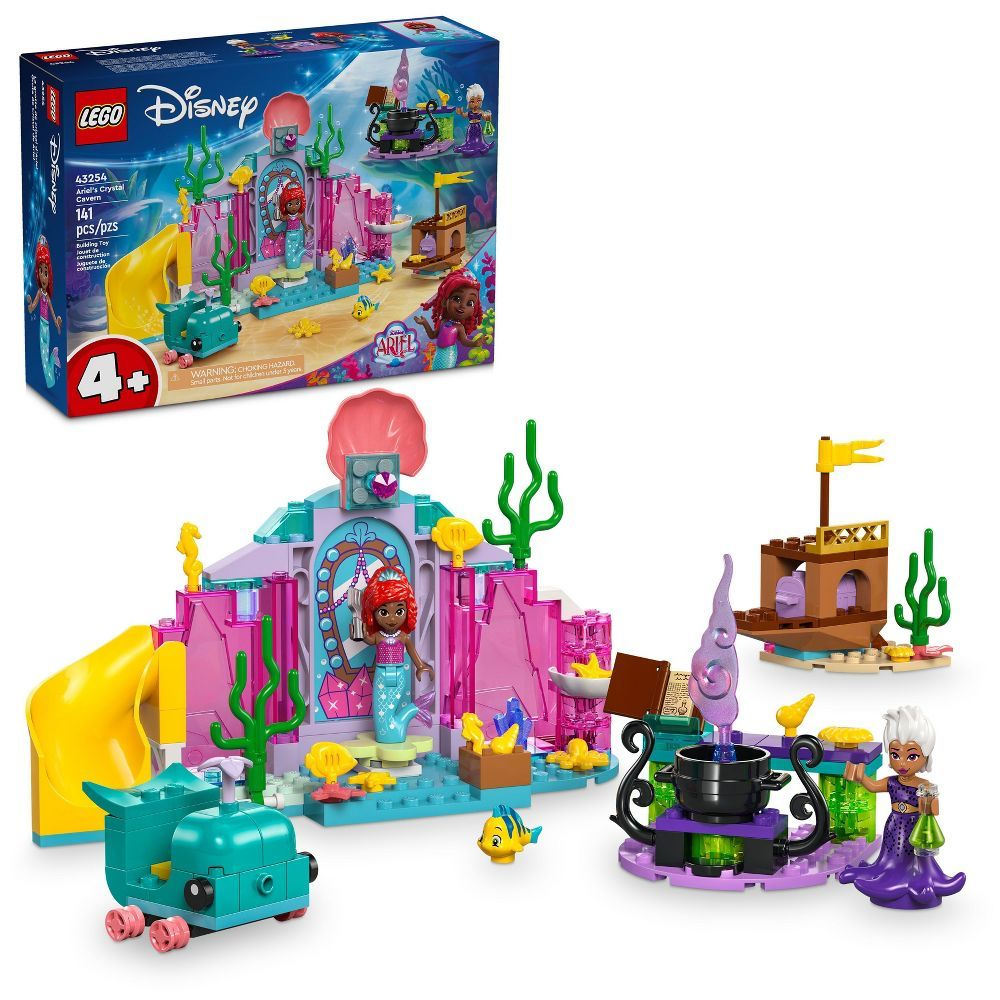 LEGO Disney set featuring Ariel's undersea castle, including mini-figures of Ariel and Ursula, colorful ocean-themed structures, and accessories, designed for ages 4 and up with 134 pieces.